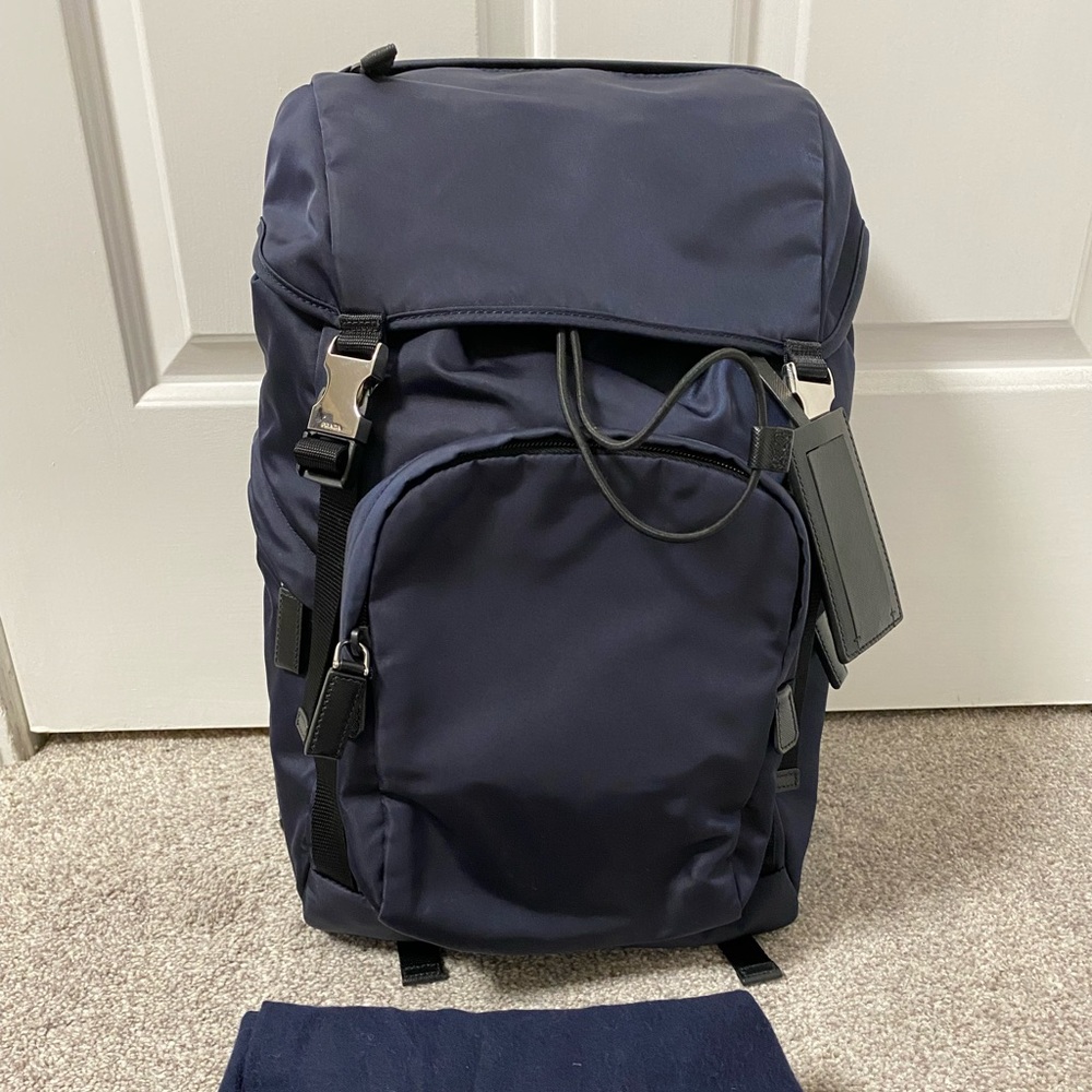 Prada Re-Nylon and Saffiano backpack in navy color